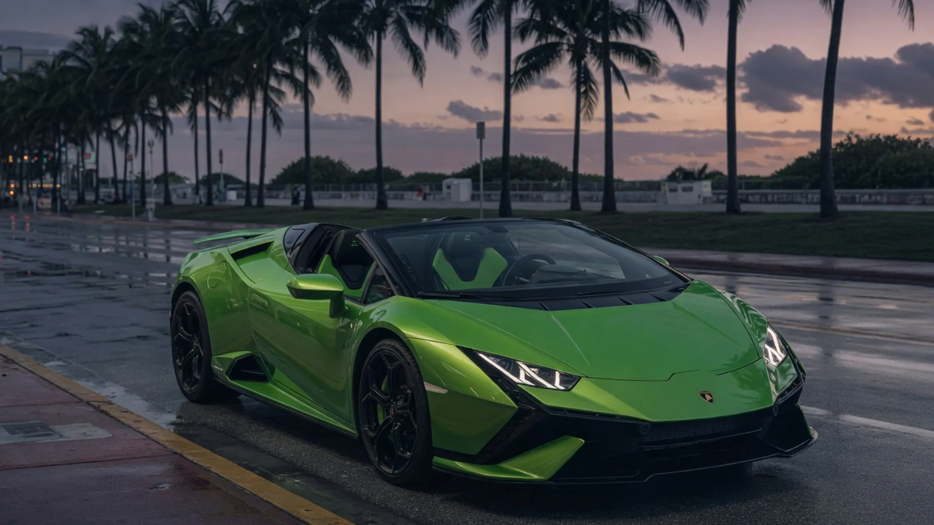 Lime Lamborghini Huracan Spyder on a wet Miami street at dusk