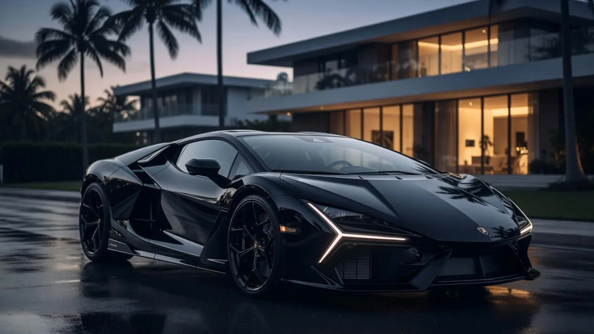 Black exotic supercar outside a modern villa at dusk